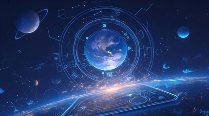 Obraz premium Digital art depicts vibrant blue planet swirling in cosmic energy, surrounded by fractal light and black space