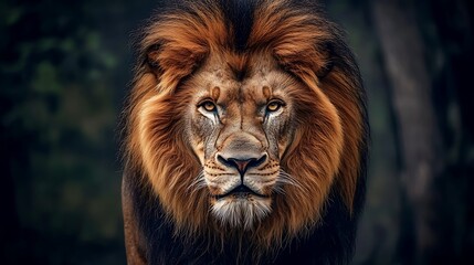 Naklejka premium Close-up portrait of a majestic lion with a thick mane, looking directly at the camera.