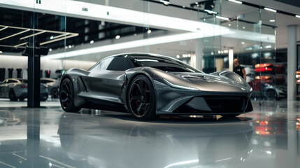 Sleek Electric Sports Car with Metallic Silver Finish Displayed in Modern Car Dealership