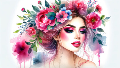 Naklejka premium A watercolor image of a woman with vibrant makeup and a romantic floral arrangement in her hair. Hairstyle with flowers. Beautiful lady with blooming flowers on her head. Nature hairstyle. Design. 