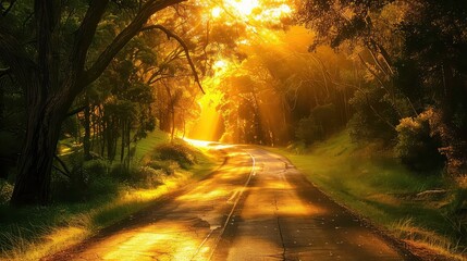 Fototapeta premium A winding road through a forest, bathed in golden sunlight. The sun's rays stream through the trees, illuminating the path ahead.