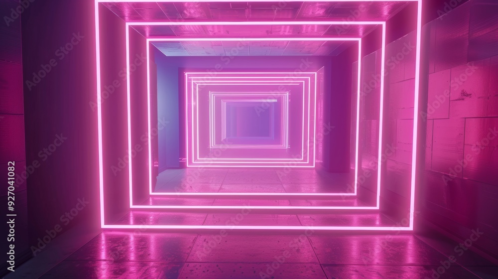 Poster vibrant 3d animation of a neon tunnel with rotating square frames, abstract background