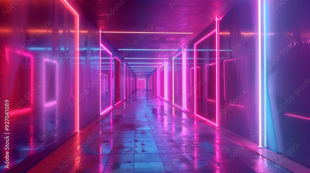 Poster vibrant 3d animation of a neon tunnel with rotating square frames, abstract background