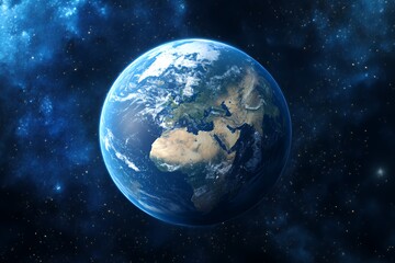 Obraz premium A realistic depiction of planet Earth against a starry space background, featuring a close-up view of Europe, Africa, and the Middle East.