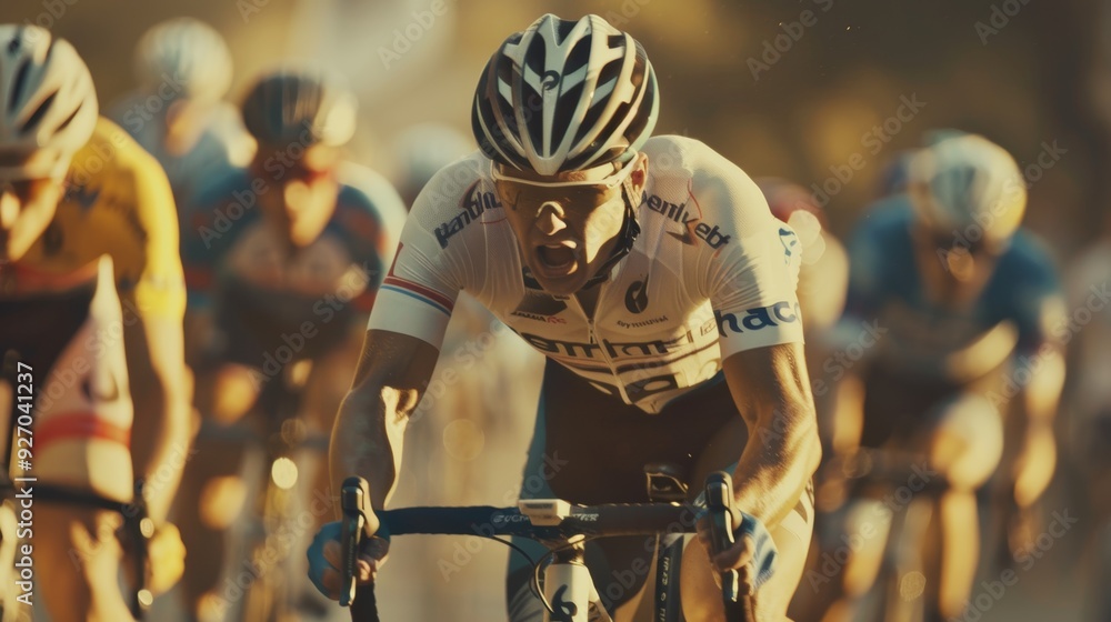 Poster intense close-up of cyclist sprinting towards finish line with determination and speed