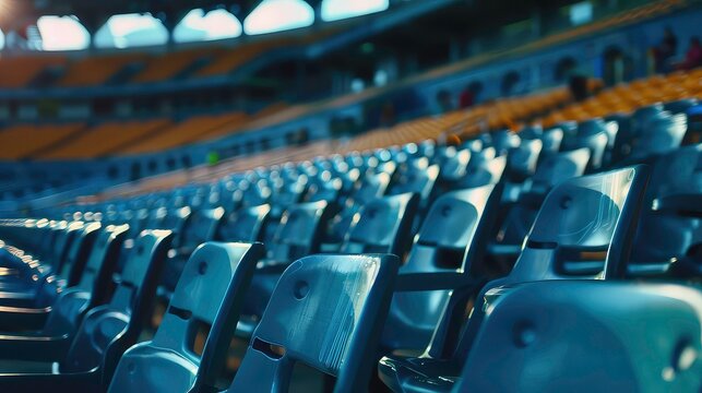 Close-up shot of empty stadium seats in a stadium, focus on the seats in the foreground with the background blurred.
