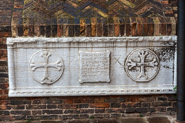 Stone sarcophagus on exterior of Basilica dei Santi Giovanni e Paolo