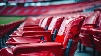 A close-up of empty red seats in a stadium. The seats are all in a row and are made of plastic. The seats are red and the background is blurred.