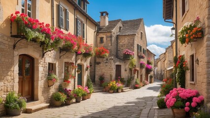 Fototapeta premium Traditional European village with narrow streets, stone houses, and vibrant flower boxes.