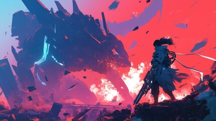 A lone figure stands against a massive robotic creature in a vibrant, chaotic landscape, evoking a sense of awe and tension. 
