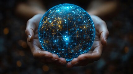 Close-up of hands holding a glowing blue orb with a grid pattern and white and orange dots.