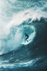 Dynamic Ocean Adventure: Surfer Riding a Massive Wave in Sunlit Waters - Perfect for Posters and Print Designs