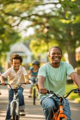 Obraz premium Joyful Family Bike Ride Through Sunlit Suburban Neighborhood