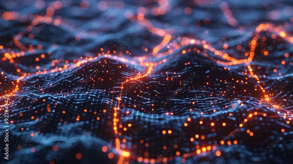 Poster Neural network 3D animation with glowing digital elements and connections