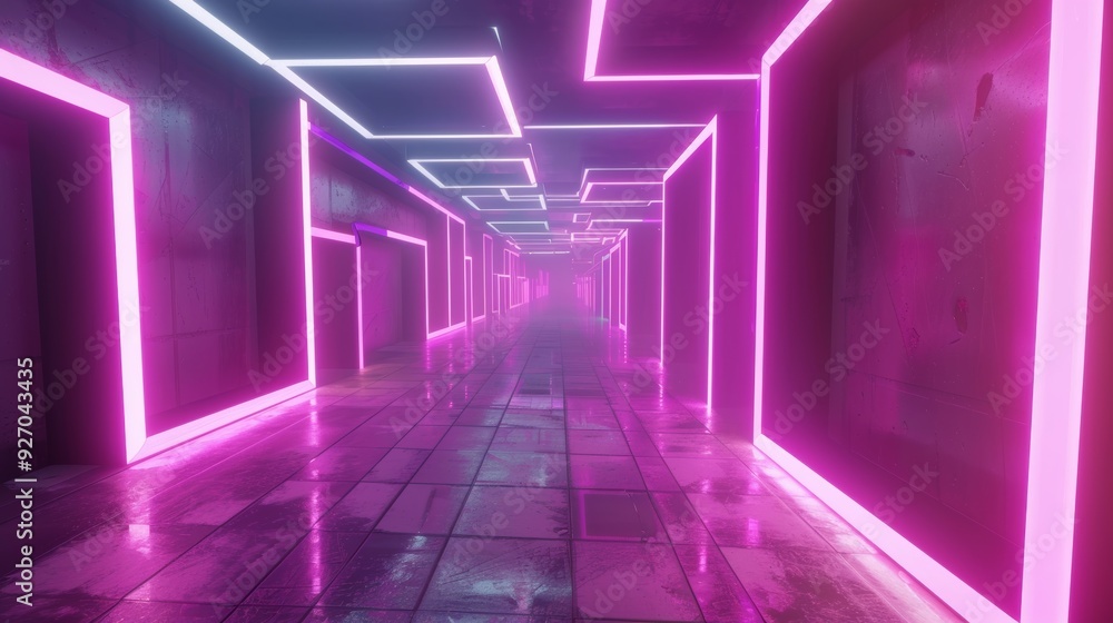 Poster Neon tunnel with rotating square frames in a seamless 3D animation, bright and abstract