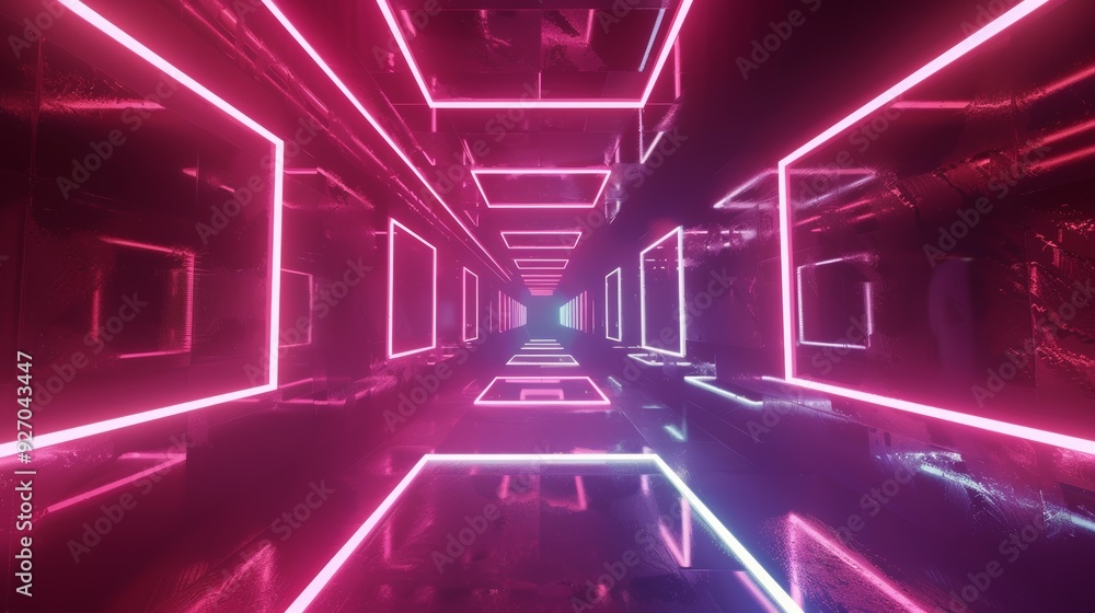 Poster Neon tunnel with rotating square frames in a seamless 3D animation, bright and abstract