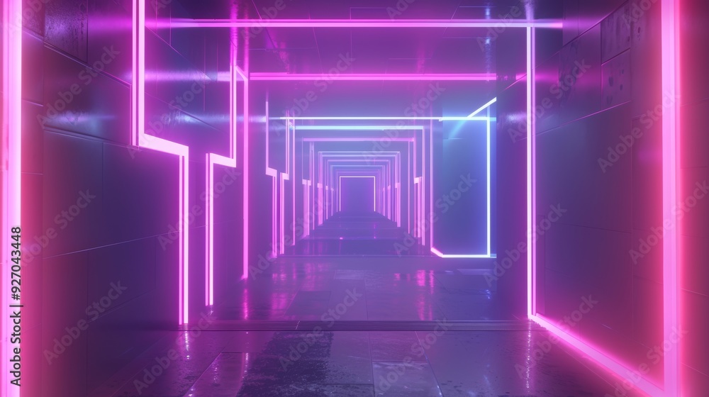 Poster neon tunnel with rotating square frames in a seamless 3d animation, bright and abstract