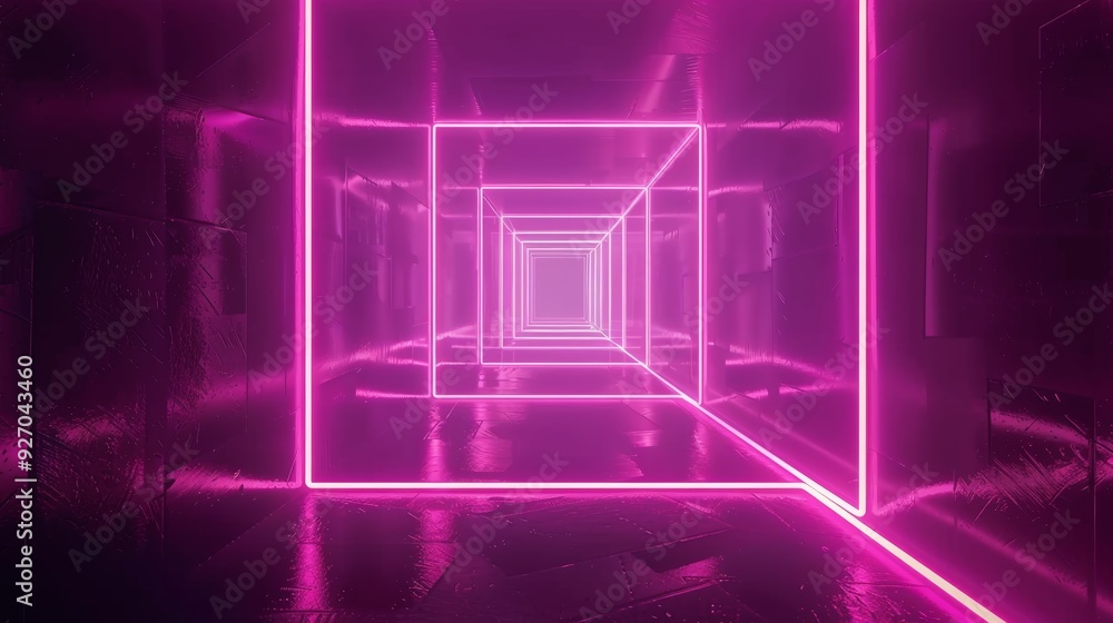 Poster Neon tunnel with rotating square frames in a seamless 3D animation, bright and abstract