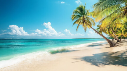 A peaceful beach with palm trees swaying in the breeze and turquoise water