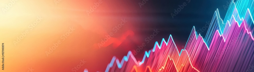 Poster dynamic graph with colorful lines depicting growth and fluctuation in data analysis and market trend