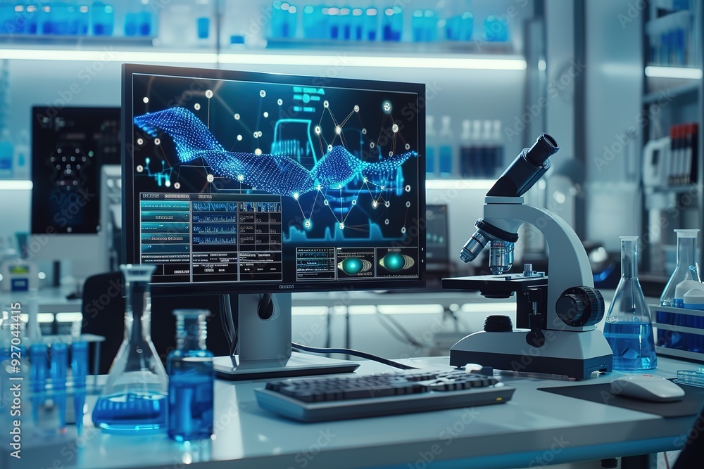 Poster a computer monitor displays a complex graph on a desk in a laboratory