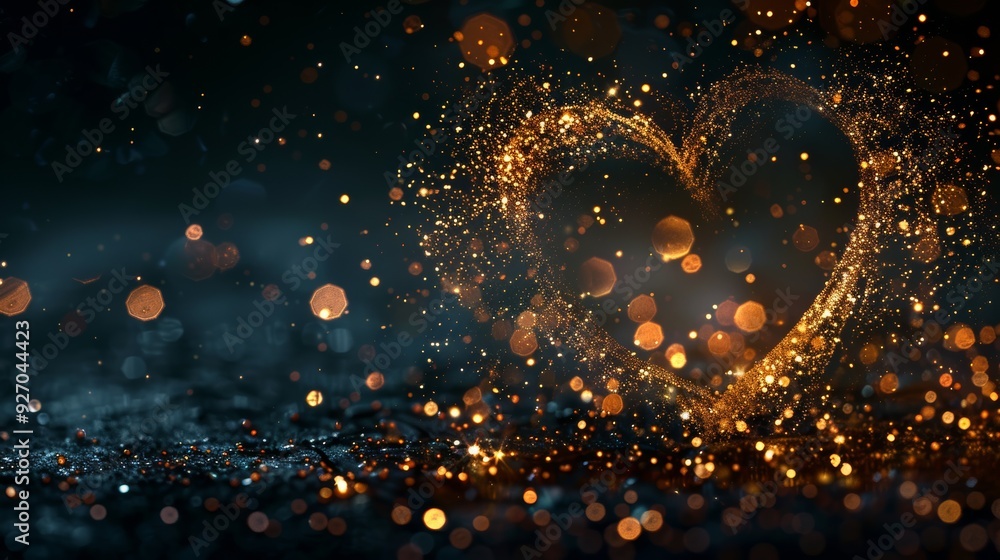 Aufkleber illuminated heart shape with sparkly particles on black background,