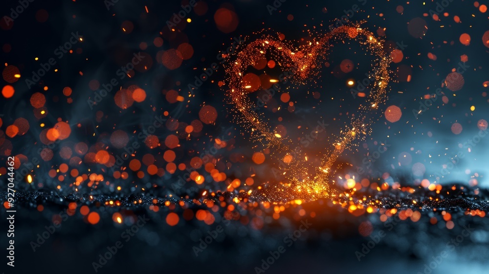 Poster heart made of sparkling particles glowing on a black background