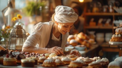 professional pastry decorator at work , baker creating beautiful pastries , behind the scenes of a bakery , cozy bakery with natural light , passionate baker , charming bakery