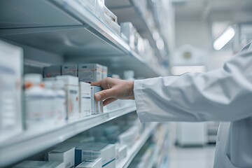 A hand reaches for a box of medicine on a pharmacy shelf.
