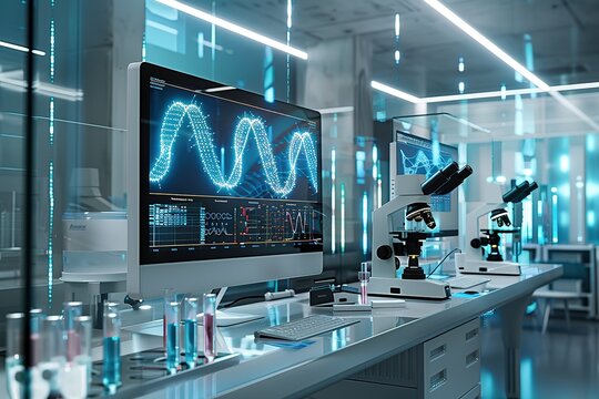 A computer monitor displays a DNA strand on a white background - Powered by Adobe