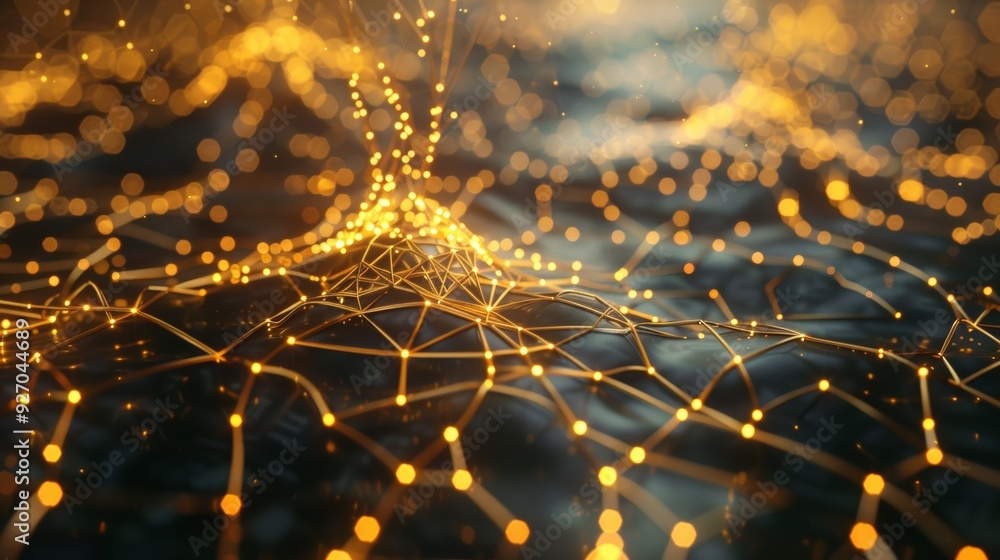 Poster Glowing 3D animation of neural network structure with futuristic digital elements