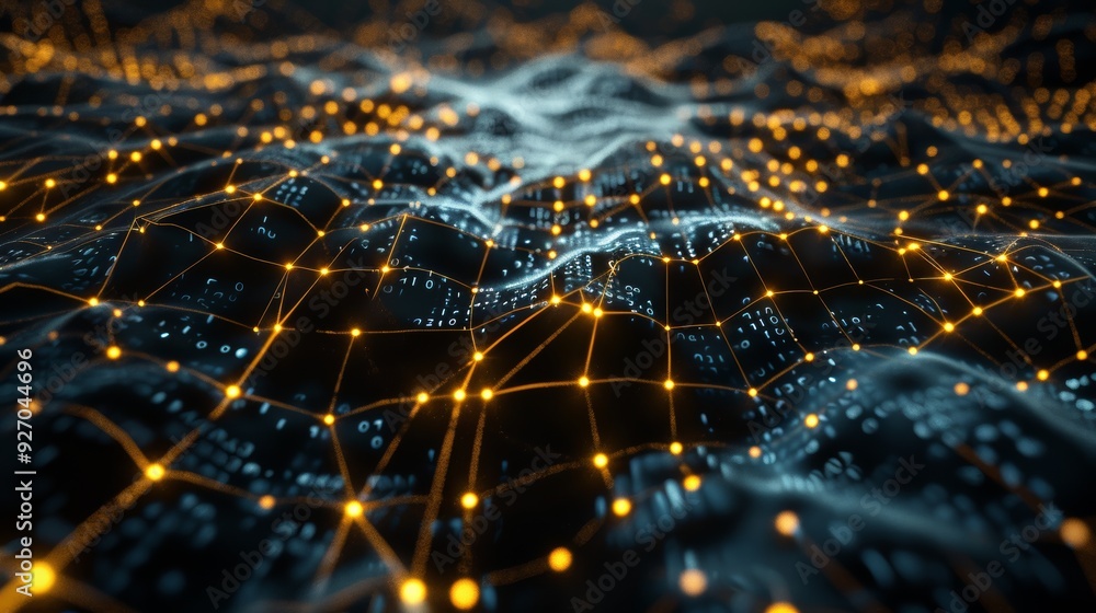 Poster Glowing 3D animation of neural network structure with futuristic digital elements
