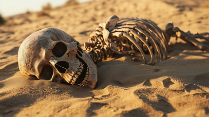 human skeleton skull in dry desert valley, ancient war remains