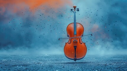 Fototapeta premium Cello in cloud colorful dust. World music day banner with musician and musical instrument 