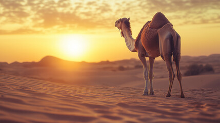 back view of camel standing in the desert during sunset