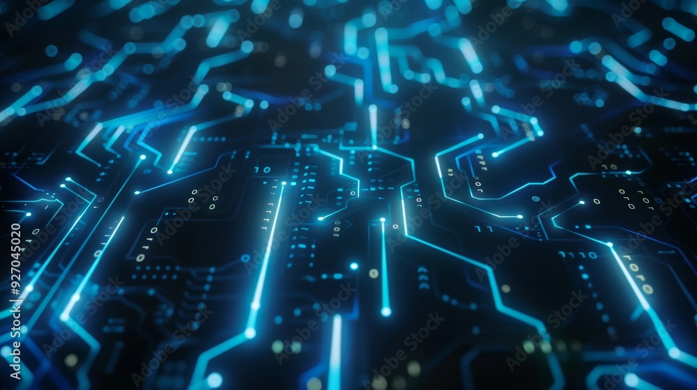 Poster Futuristic AI network background with glowing blue circuits and binary code, dark theme