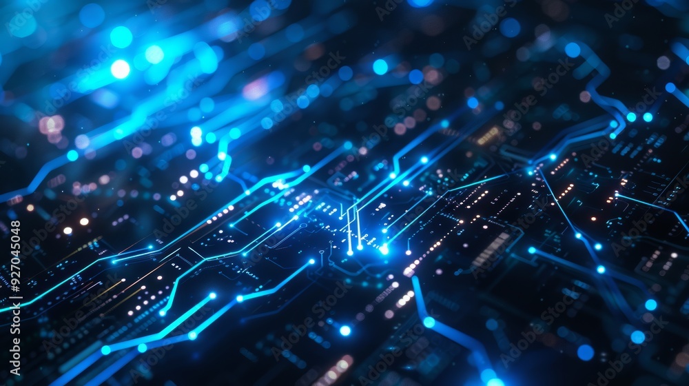 Poster Futuristic AI network background with glowing blue circuits and binary code, dark theme
