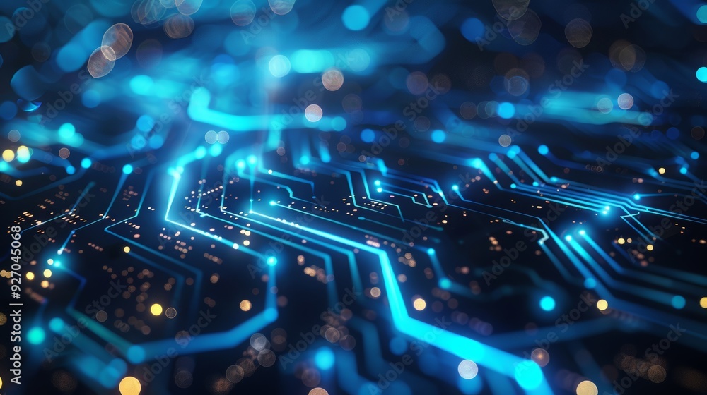 Poster Futuristic AI network background with glowing blue circuits and binary code, dark theme