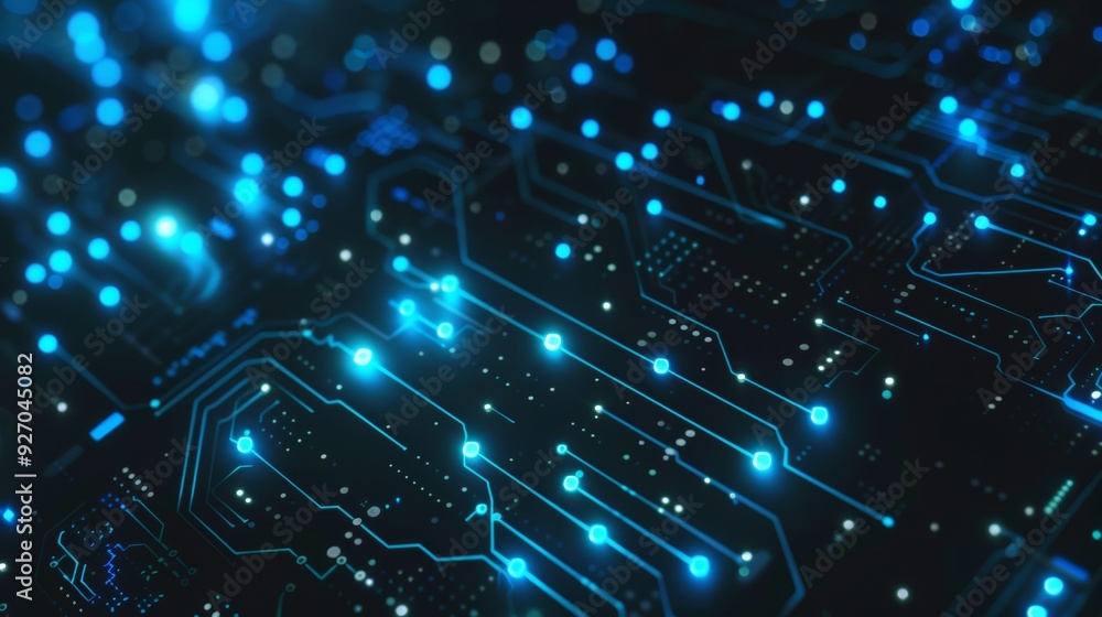 Fototapete Futuristic AI network background with glowing blue circuits and binary code, dark theme