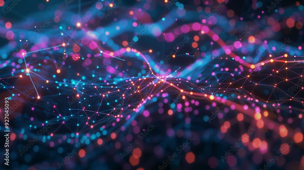 Poster Futuristic 3D animation of neural network in digital space with bright colors