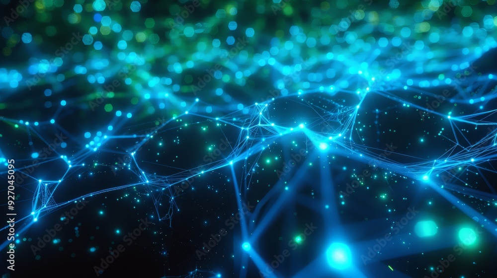 Poster futuristic 3d animation of neural network with glowing blue and green nodes