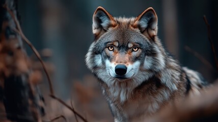 Fototapeta premium Lone wolf with glowing eyes in dark forest, chiaroscuro lighting.