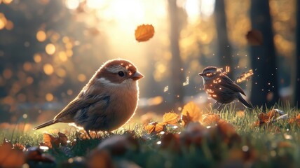 Woodland creatures with glowing symbols, playfully interacting.