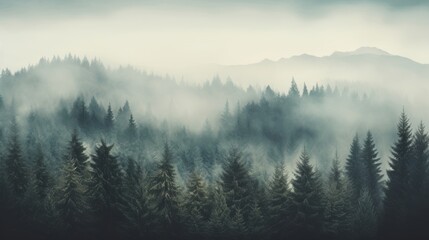 Foggy fir forest, vintage retro style, calm and serene, cool tones, ample copy space