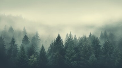 Foggy fir forest landscape, hipster retro style, muted colors, serene atmosphere, plenty of copy space