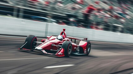 Professional Racecar Driver on Speeding Racing Car with Pit Crews and Blurred Spectators
