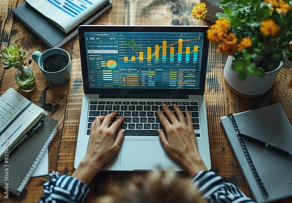 Poster a woman is typing on a laptop with a screen displaying graphs and charts