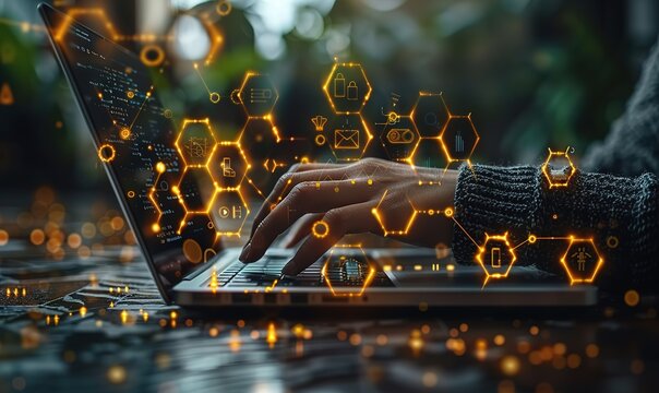 A person is typing on a laptop with a colorful background of hexagons
