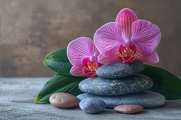 Two pink orchids are placed on top of three large rocks