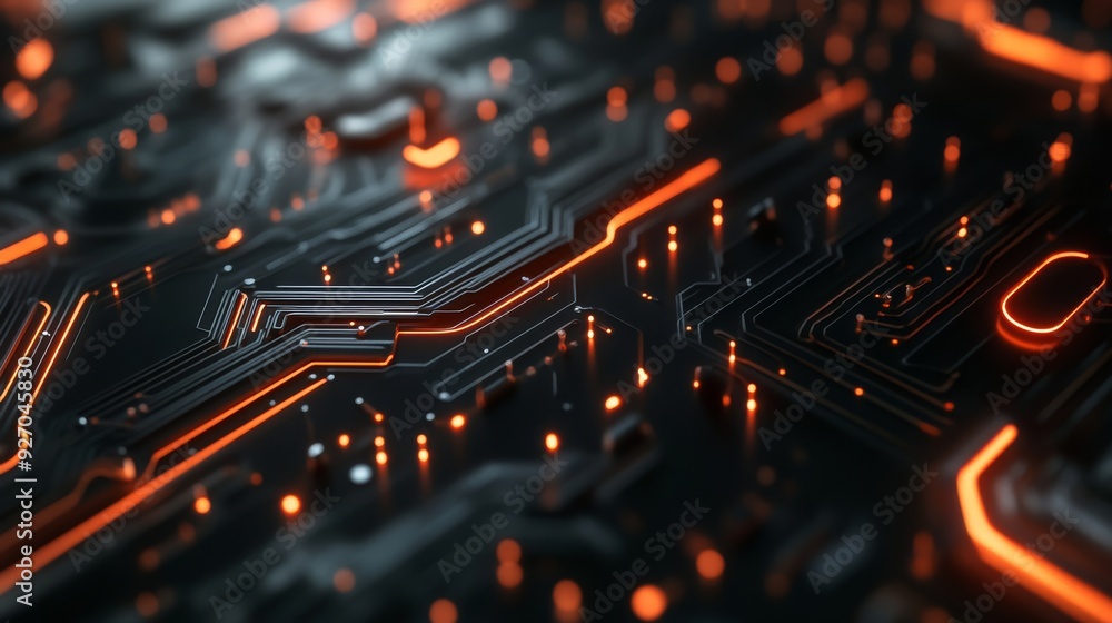 Poster Detailed abstract circuit board with a network of luminous lines and nodes in a high-tech environment